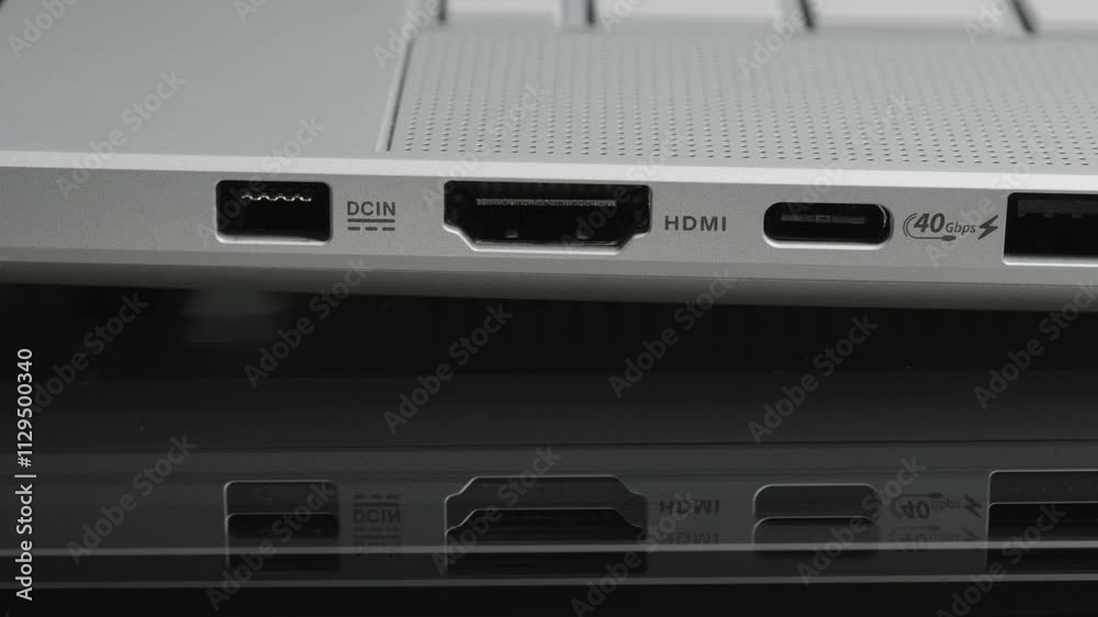 Slider Shot of a Laptop Side Panel Displaying Multiple Ports Including DCIN, HDMI, USB-C, USB-A, and a Headphone Jack, Highlighting Modern Connectivity Options and Functional Design. Slider Shot of a Laptop Side Panel Displaying Multiple Ports Including DCIN, HDMI, USB-C, USB-A, and a Headphone Jack, Highlighting Modern Connectivity Options and Functional Design.