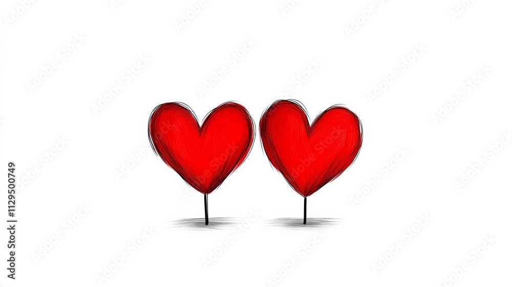 Two hearts are drawn on a white background. The hearts are red and appear to be connected by a stem. Concept of love and connection between the two hearts Two hearts are drawn on a white background. The hearts are red and appear to be connected by a stem. Concept of love and connection between the two hearts