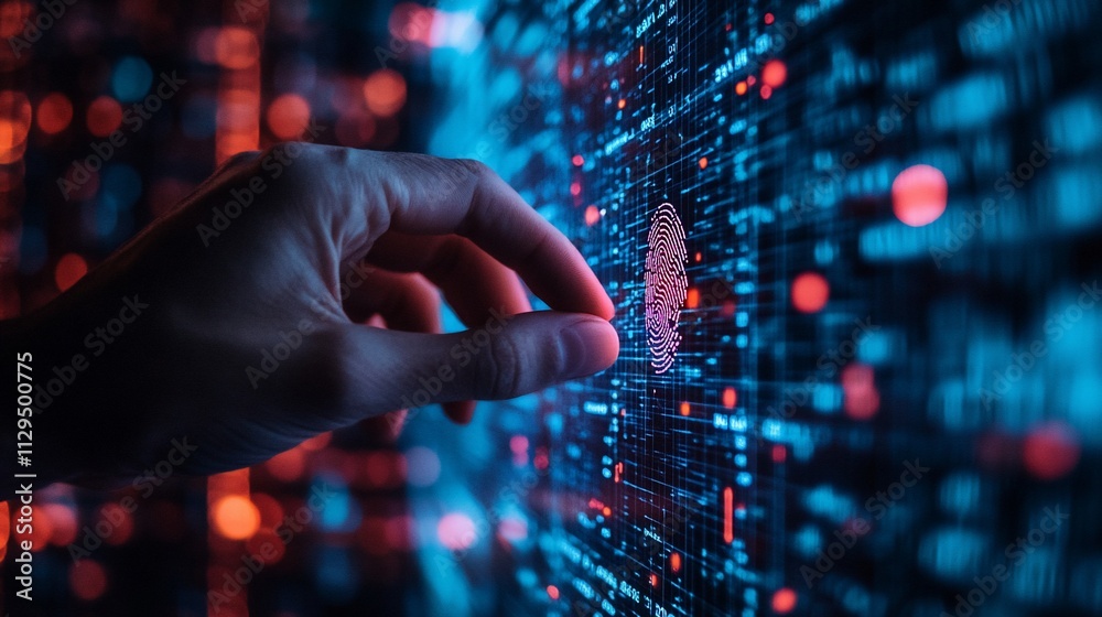 Hand interacting with digital fingerprint on a screen filled with binary code. Hand interacting with digital fingerprint on a screen filled with binary code.
