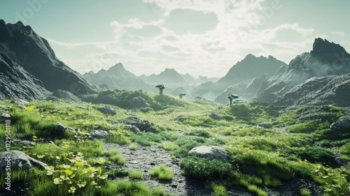 A robotic space colonization mission on a terraformed planet, lush alien landscape, Terraforming style photo