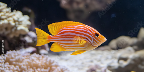 Red yellow striped tiny tropical sea underwater on coral reef. Aquarium oceanarium wildlife colorful marine landscape nature photo, selective focus photo