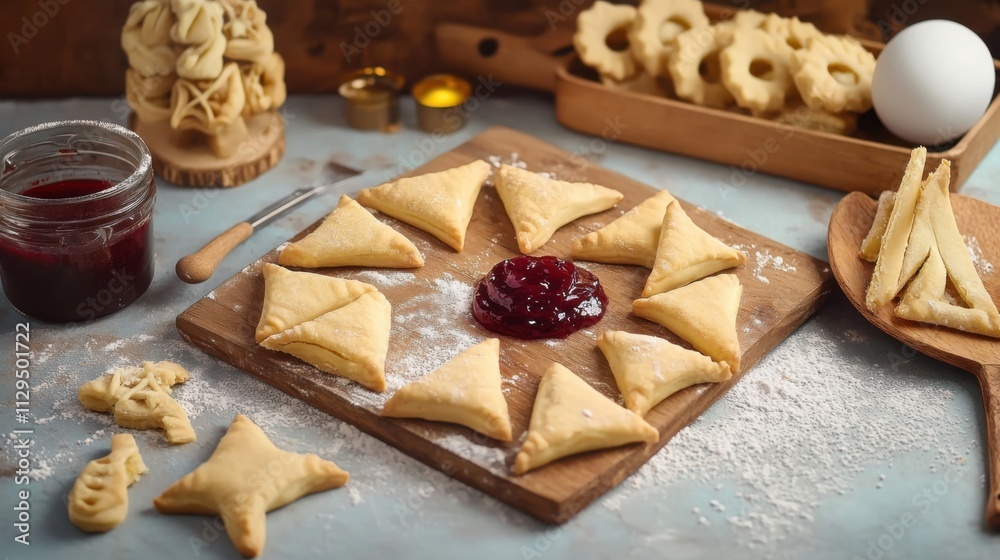 Festive Purim Hamantaschen Cookies with Jam and Party Decorations Festive Purim Hamantaschen Cookies with Jam and Party Decorations