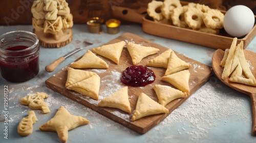 Festive Purim Hamantaschen Cookies with Jam and Party Decorations photo