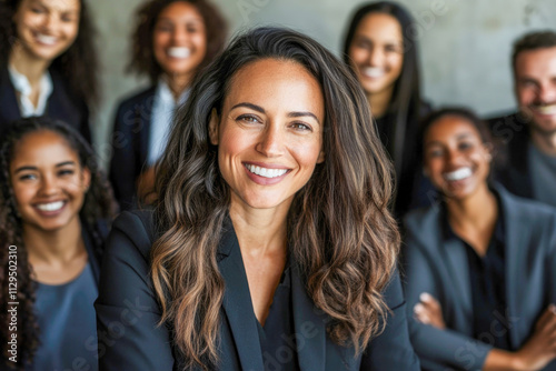 Confident young hispanic female leading diverse team of professionals smiling