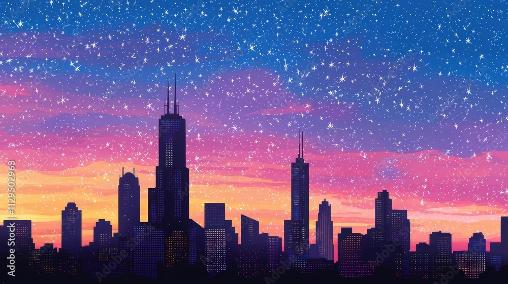 A vibrant city skyline at sunset, illuminated against a colorful sky filled with stars, creating a serene and enchanting atmosphere. A vibrant city skyline at sunset, illuminated against a colorful sky filled with stars, creating a serene and enchanting atmosphere.