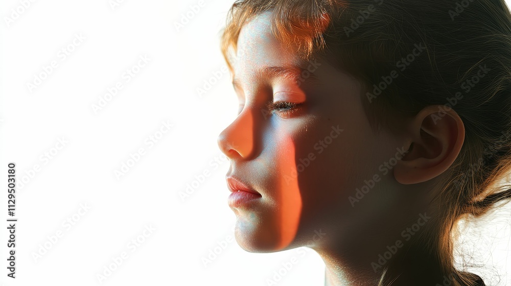 Child's profile, sunlit, eyes closed, serene. Child's profile, sunlit, eyes closed, serene.