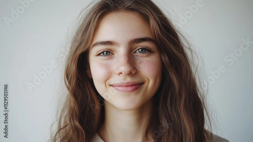 Woman with long brown hair and a smile on her face. She is wearing a white shirt