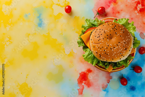 Delicious Hamburger on a Watercolor Background - Mouthwatering Food Photography