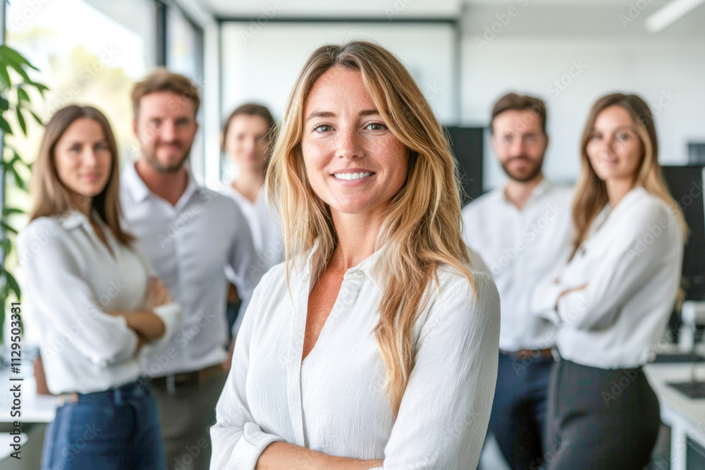 Confident caucasian female leader with diverse team in modern office setting
