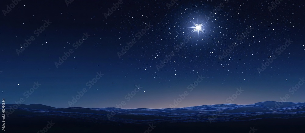 Bright star shining over a dark, rolling landscape at night. Bright star shining over a dark, rolling landscape at night.