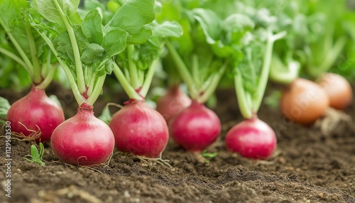 AI generator images of macro shot of a massive Radish resting on dark,moist soil, just unearthed, with its large green leaves spreading out. The surrounding field is filled Radish