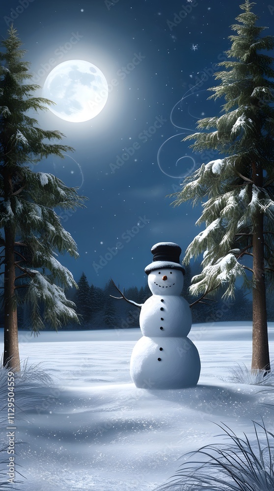 Obraz premium snowman with christmas tree standing in dark night full of stars illustration