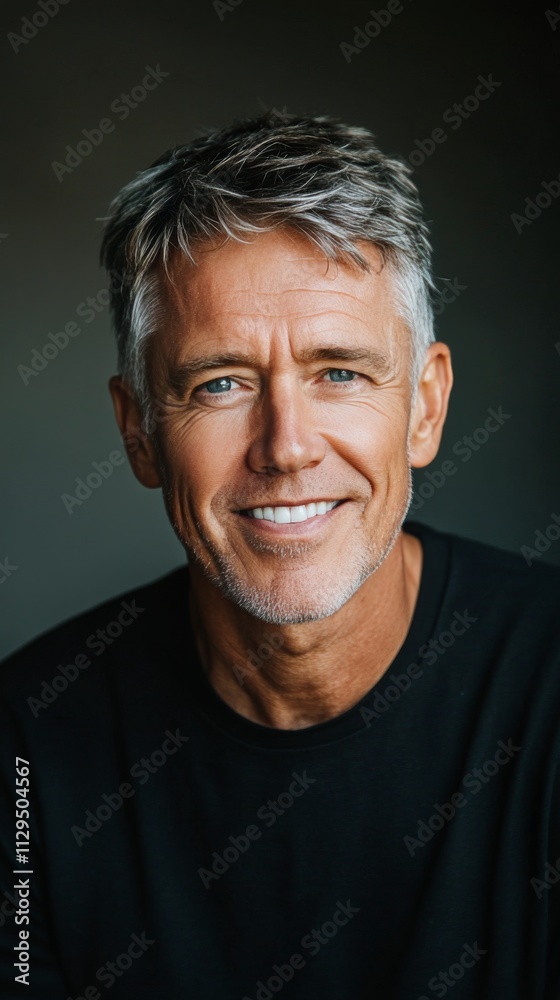 Man with gray hair and blue eyes smiles warmly while wearing a black shirt Man with gray hair and blue eyes smiles warmly while wearing a black shirt