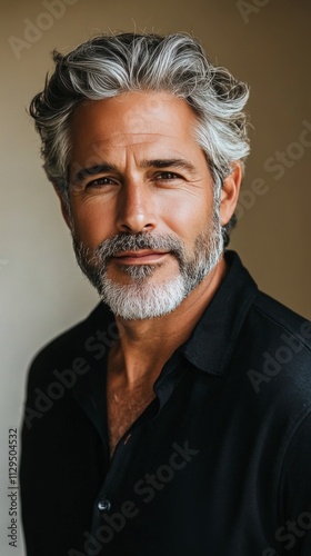 Mature man with salt and pepper hair poses confidently in a casual black shirt indoors