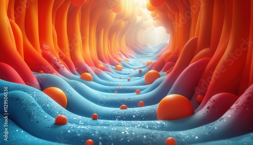 Fototapeta Naklejka Na Ścianę i Meble -  A colorful, abstract painting of a river with blue and orange swirls