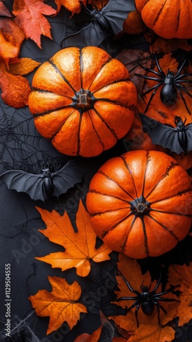 Colorful pumpkins and spooky decorations create a festive autumn atmosphere photo