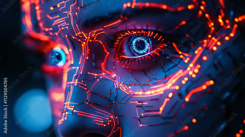 Futuristic close-up of a robotic face with blue eyes and glowing circuit patterns. Futuristic close-up of a robotic face with blue eyes and glowing circuit patterns.