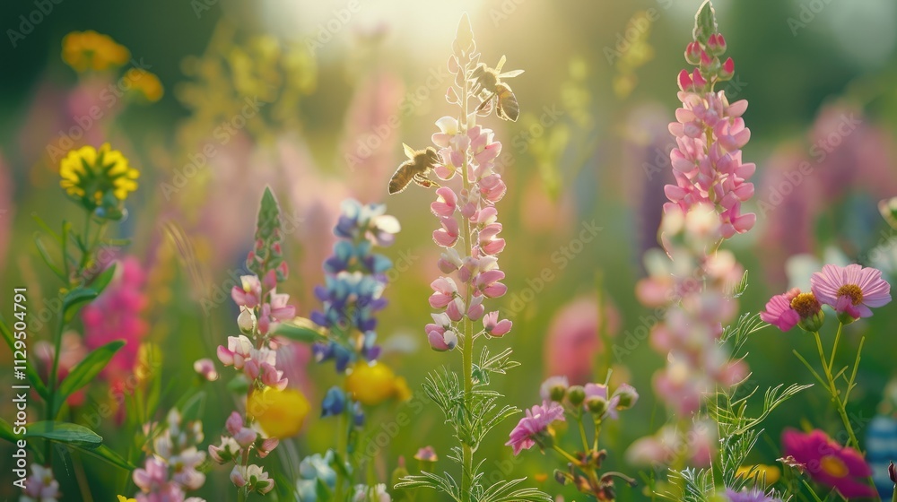 Obraz premium Bees pollinating vibrant wildflowers in a sunny meadow.