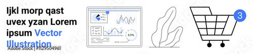 Data analytics dashboard with graphs, eco-friendly plant, shopping cart with notification. Ideal for e-commerce, analytics, sustainability, online shopping, digital marketing, sales tracking