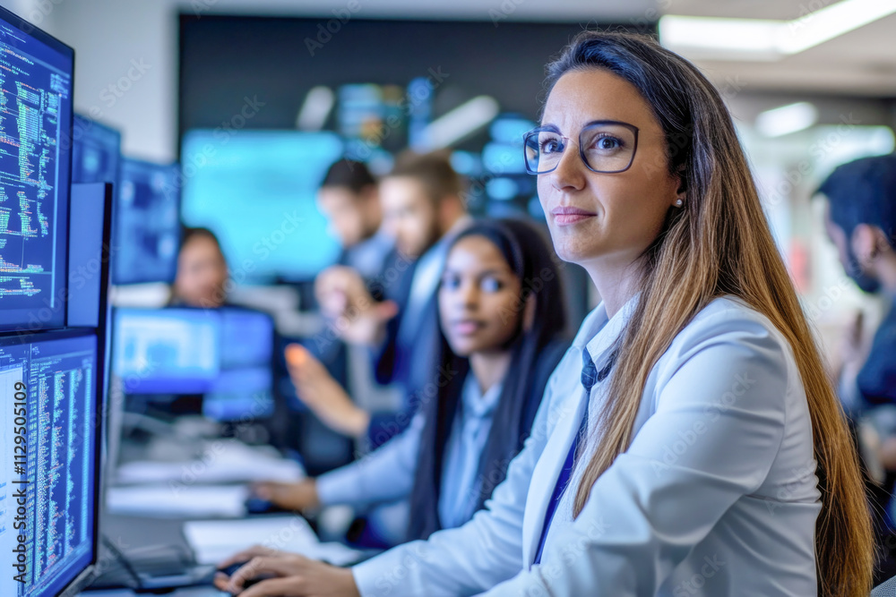 Obraz premium Caucasian and hispanic female professionals analyzing data on monitors in a modern office
