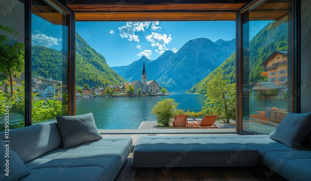 Fototapeta premium AI-generated images of Sofa, white marble background, European-style sofa with gold and silver embellishments,cozy, in a room with luxurious mirror room Overlooking the views of Hallstatt, Austria 