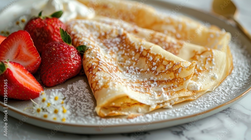 Wholesome crepes stuffed with velvety ricotta, decorated with sliced strawberries on a refined marble table