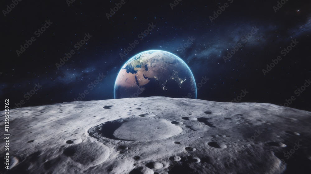 Earthrise from the Moon: A breathtaking view of Earth rising above the lunar horizon, showcasing the stunning contrast between our vibrant planet and the desolate beauty of the moon's surface. Earthrise from the Moon: A breathtaking view of Earth rising above the lunar horizon, showcasing the stunning contrast between our vibrant planet and the desolate beauty of the moon's surface.