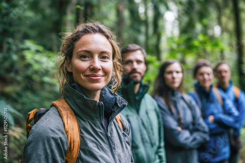 Group of caucasian adults hiking in forest