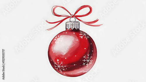 Elegant Watercolor Illustration of a Red Christmas Bauble with Snowflake Motif and Ribbon