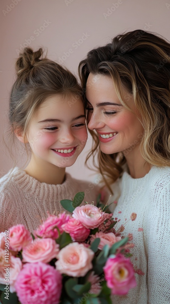 Mother and daughter smiling together with a bouquet of flowers in a bright indoor setting Mother and daughter smiling together with a bouquet of flowers in a bright indoor setting