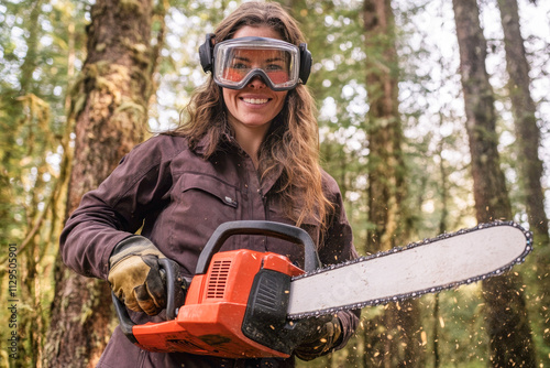 Female adult caucasian lumberjack with chainsaw in forest