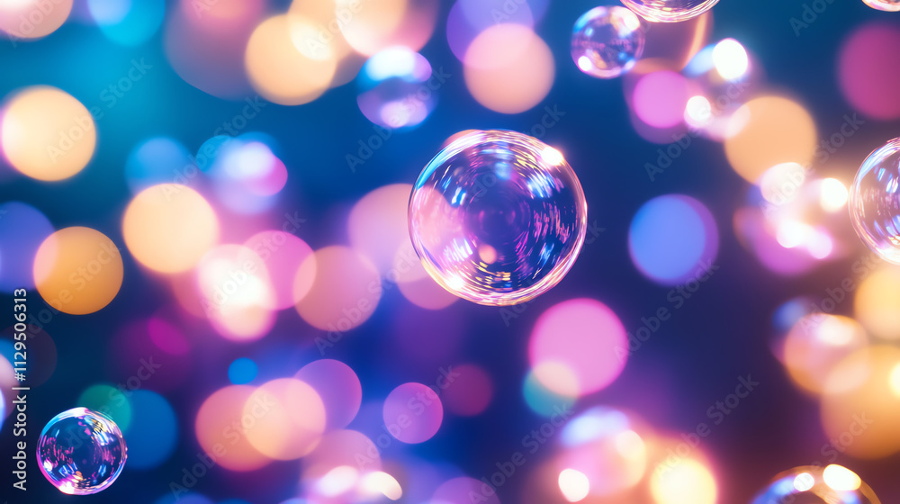 Colorful bubbles floating in a dreamy background of soft, blurred lights. Colorful bubbles floating in a dreamy background of soft, blurred lights.