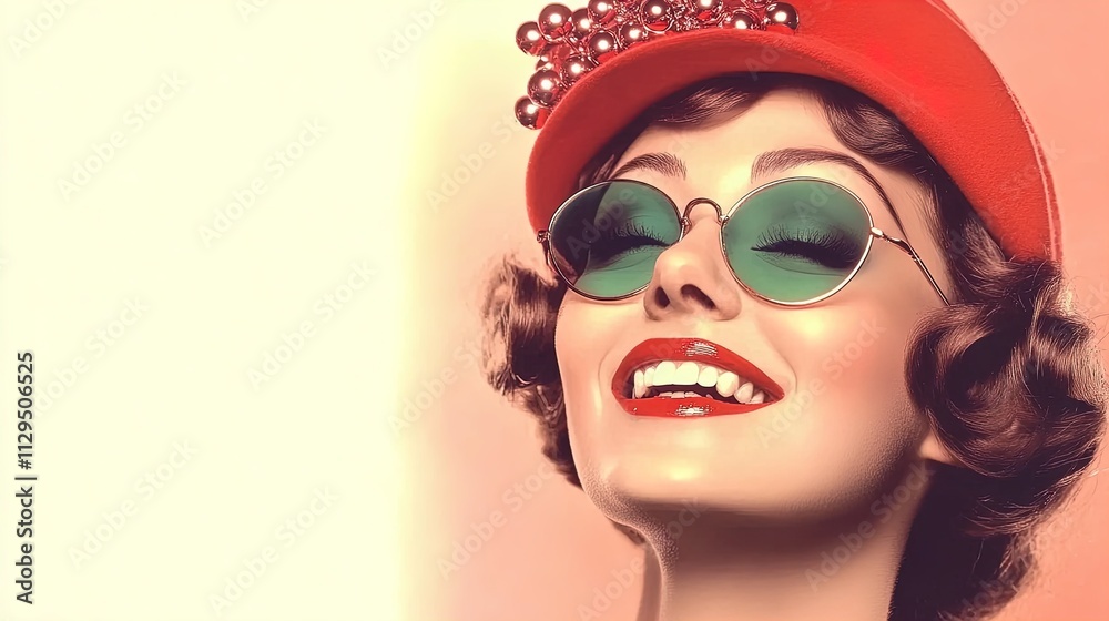 Cheerful Holiday Portrait of a Woman in a Festive Red Hat with Sunglasses - Perfect for a Stylish Sports Interior Poster or Joyful Seasonal Decor Cheerful Holiday Portrait of a Woman in a Festive Red Hat with Sunglasses - Perfect for a Stylish Sports Interior Poster or Joyful Seasonal Decor