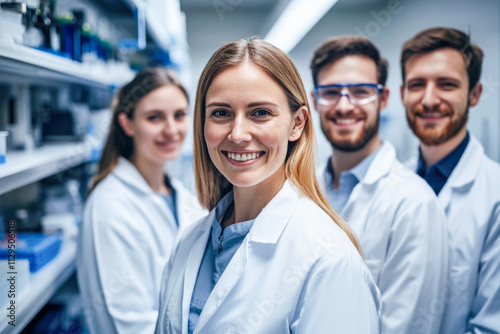 Team of young caucasian scientists in laboratory coats smiling in laboratory setting