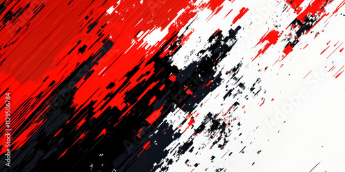 Abstract pixelated patterns in high-contrast colors like red, white, and black, creating a chaotic digital effect.
