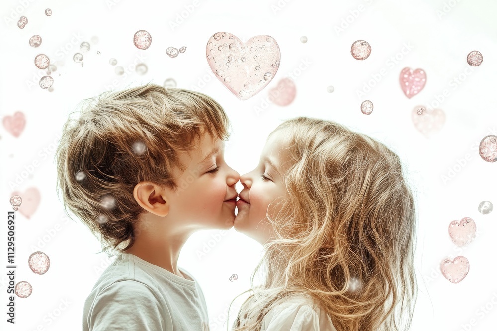 Children kissing, hearts, bubbles, light background. Children kissing, hearts, bubbles, light background.