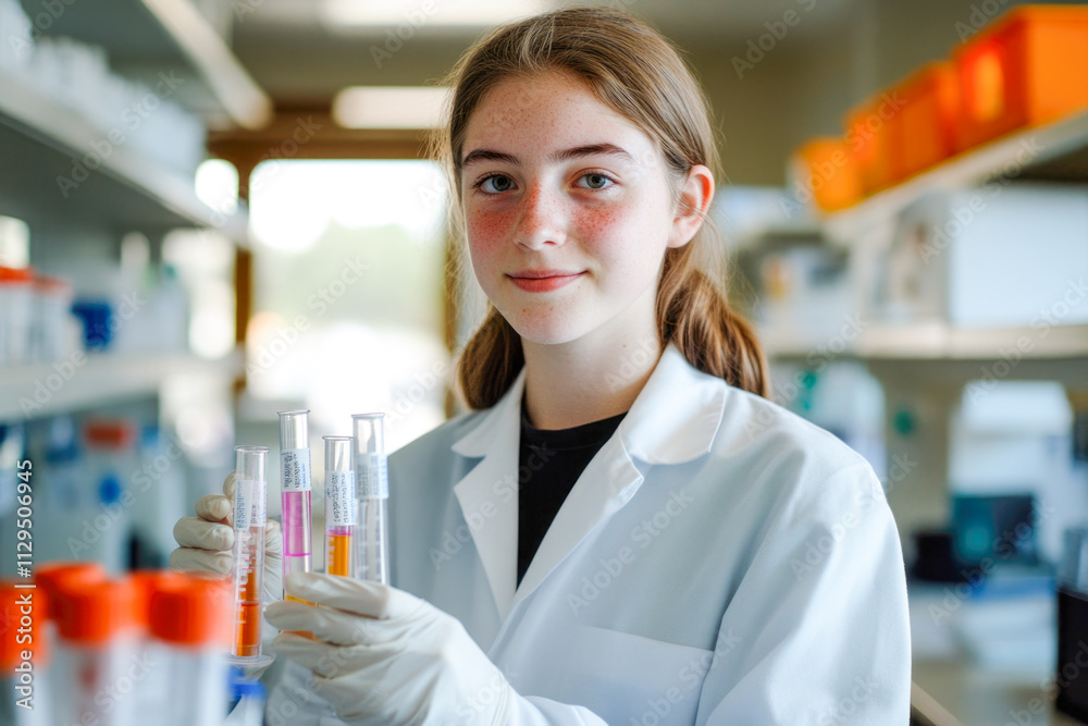 Young caucasian female scientist experimenting in modern laboratory setting Young caucasian female scientist experimenting in modern laboratory setting