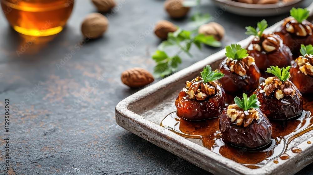 A platter of sweet, glazed treats garnished with nuts and herbs, showcasing an appetizing dessert presentation. A platter of sweet, glazed treats garnished with nuts and herbs, showcasing an appetizing dessert presentation.