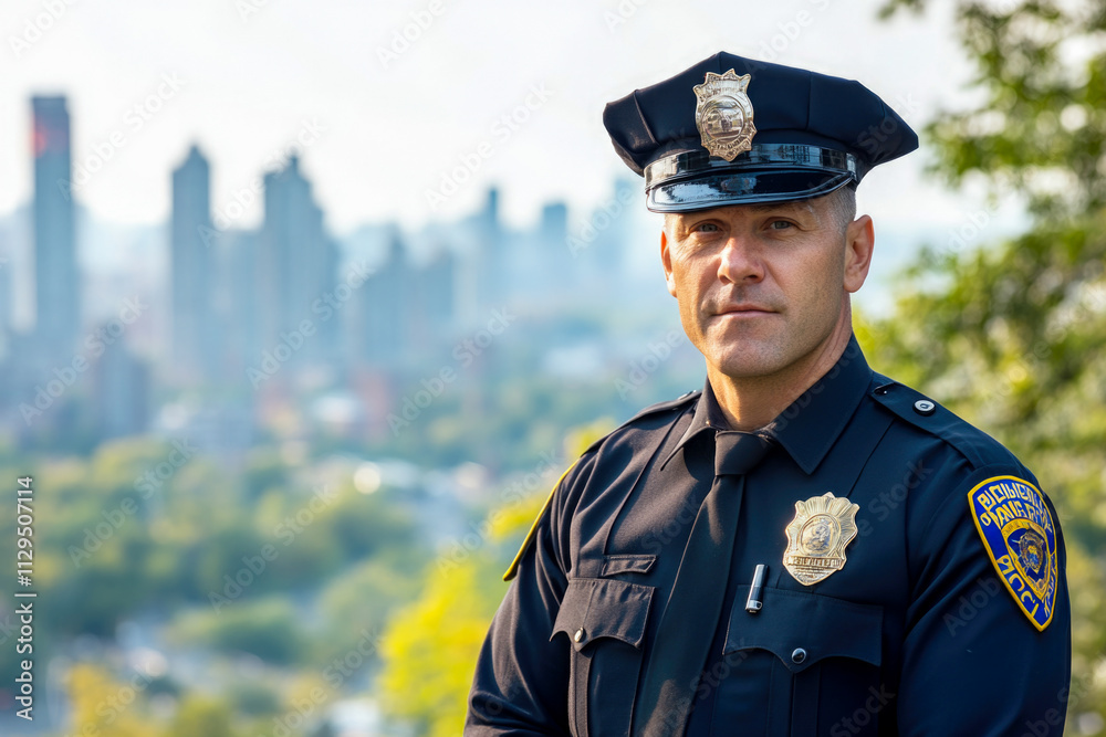 Caucasian male police officer in uniform with urban skyline in background Caucasian male police officer in uniform with urban skyline in background