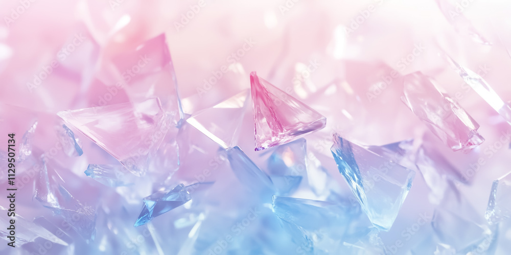 Semi-transparent glass shards in soft pastel hues of pink, blue, and lavender, floating in a minimal white background with scattered light reflections. Semi-transparent glass shards in soft pastel hues of pink, blue, and lavender, floating in a minimal white background with scattered light reflections.