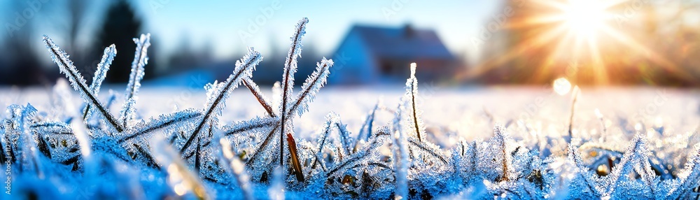 Frosty grass with sunlight, rural house backdrop. Beautiful winter morning panorama. Frosty grass with sunlight, rural house backdrop. Beautiful winter morning panorama.