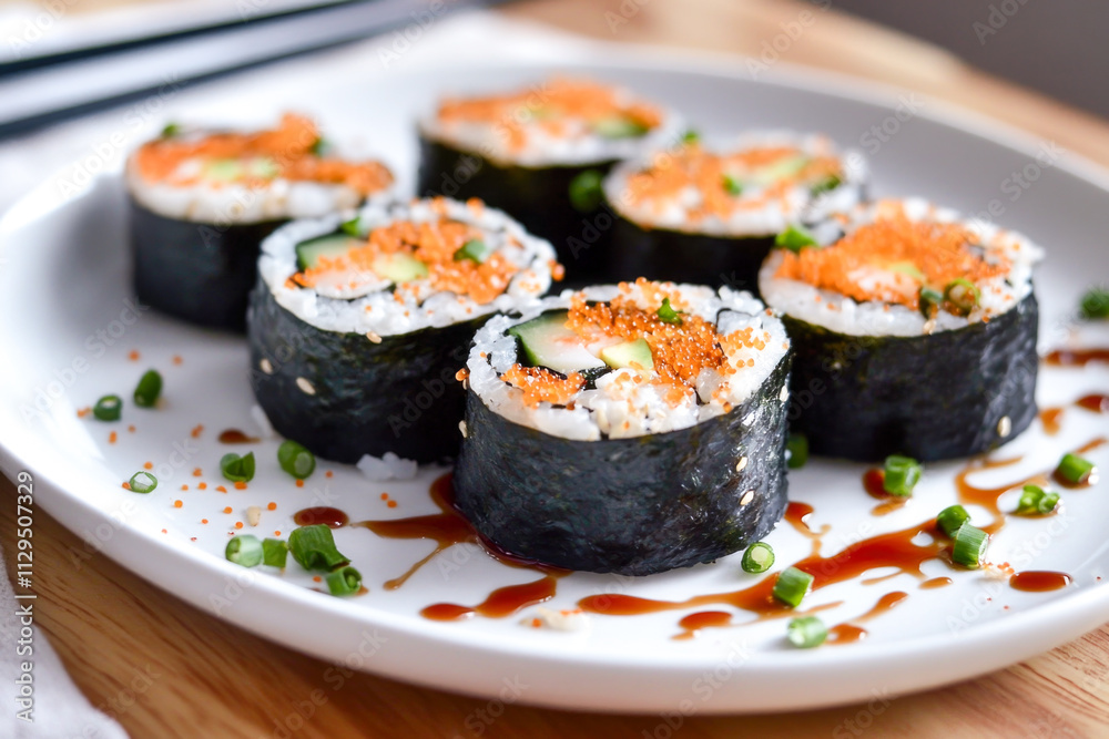 Delicious traditional sushi rolls with roe and green onion garnish Delicious traditional sushi rolls with roe and green onion garnish