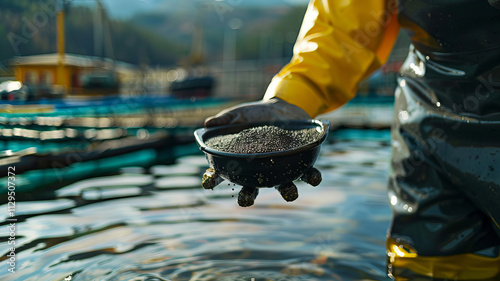 Worker holds scoop of pelleted feed fish for feeding. Concept Farm of trout and salmon.
