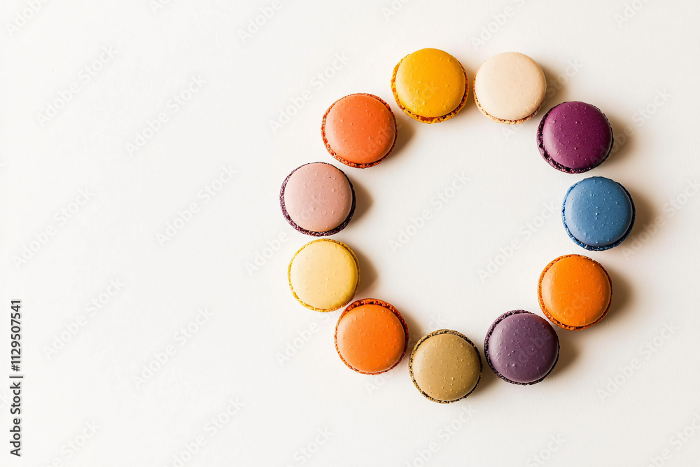 Obraz premium macarons creating intricate color wheel pattern, flat lay top view