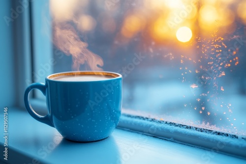 Minimal winter windowsill with steaming coffee cup photo