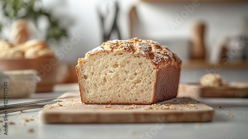 top-down view of gluten-free bread loaf sliced and placed on cutting board with blurred baking tools in background