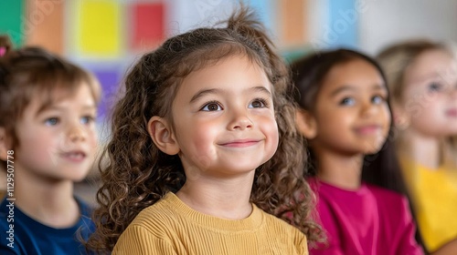 Smiling young girl with curly hair, surrounded by friends, enjoying a moment in a colorful classroom setting.