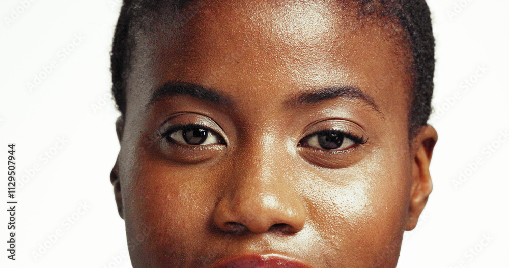 Studio, portrait and skincare for woman, glow and treatment for antiaging, confident and cosmetics for shine. White background, smooth and dermatology for exfoliation of skin, proud and black person