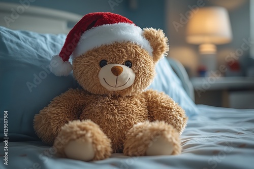 teddy bear with a Santa cap sits next to a child in a healing center bed, advertising consolation and companionship amid a troublesome time. A image of trust, strength, and care in minutes of hardship