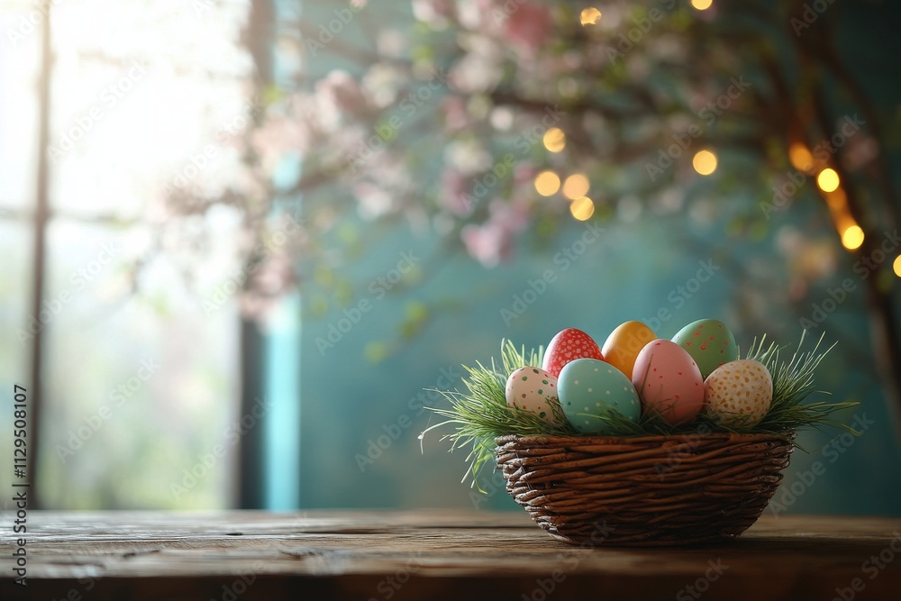 Colorful Easter eggs resting in a woven basket on a wooden table with soft background Colorful Easter eggs resting in a woven basket on a wooden table with soft background